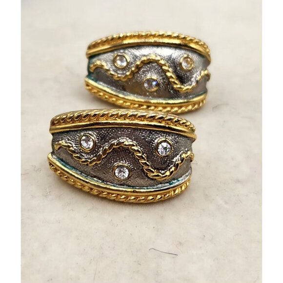 Two Tone Curved Metal Earrings With Crystal Accent Gold & Gray Rope Border - Picture 3 of 3